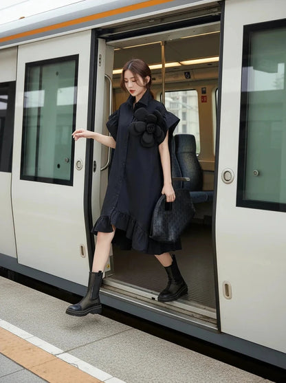 🍒Summer loose dress artistic high low ruffle trim outfit with 3D flower cotton blend office smart casual women mid-length a-Line Don’t Get Ruffled Pick A Flower And Ease lnto Summer