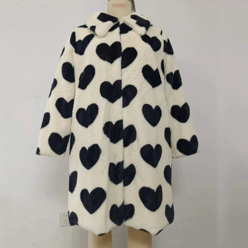 🍒Fashion versatile heart print faux fur coat long winter women plush warm Integrated furs coats Warm Hearting Fashion