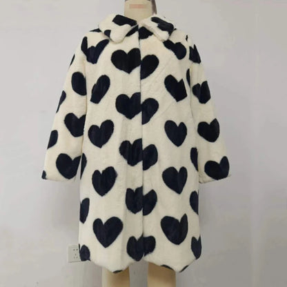 🍒Fashion versatile heart print faux fur coat long winter women plush warm Integrated furs coats Warm Hearting Fashion