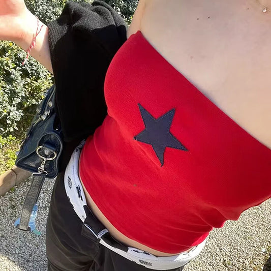 🍒Strapless fashion tops with stars graphic crop top red vintage tank top bandeau womens casual wear fashion