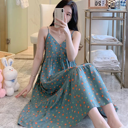 🍒Sleeveless night dress for Women breathable viscose cotton camisole nightie floral  night dress loungewear summer wear holidaywear nightwear Fresh Florals