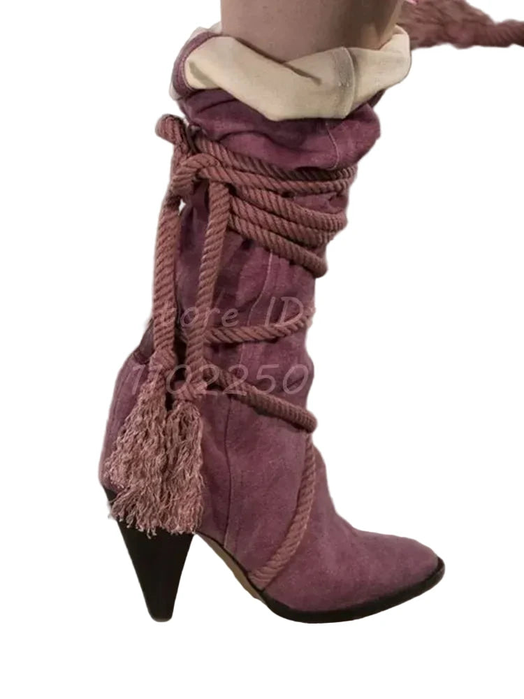 🍒Retro boots cross-tied shaped heel solid brown pointed toe shoes lace-up fringe mid-calf boots women fashion footwear Retro Roads