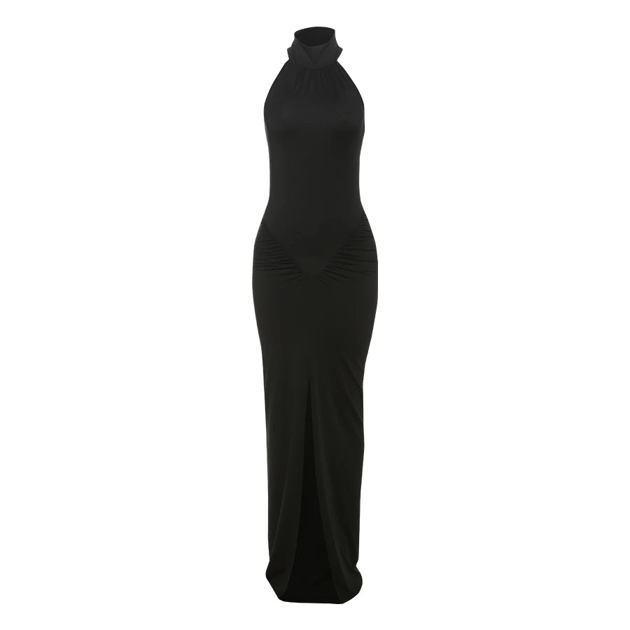 🍒sleeveless maxi dress ruched sides turtle neck fashion women bodycon with slit Prom wear occasion party wear curvy evening wear