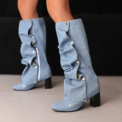 🍒Denim boots for Women blue multi snap-fastener pleated shoes with zip wide calf length boots winter footwear Cute Cowboy