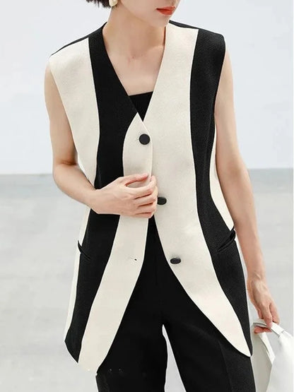 🍒Sleeveless waist coat top  v neck single breasted vest smart casual wear women versatile clothing female long vest jacket summer wear contrast colour fashion Jack-et Of All styles Master Of Fashion