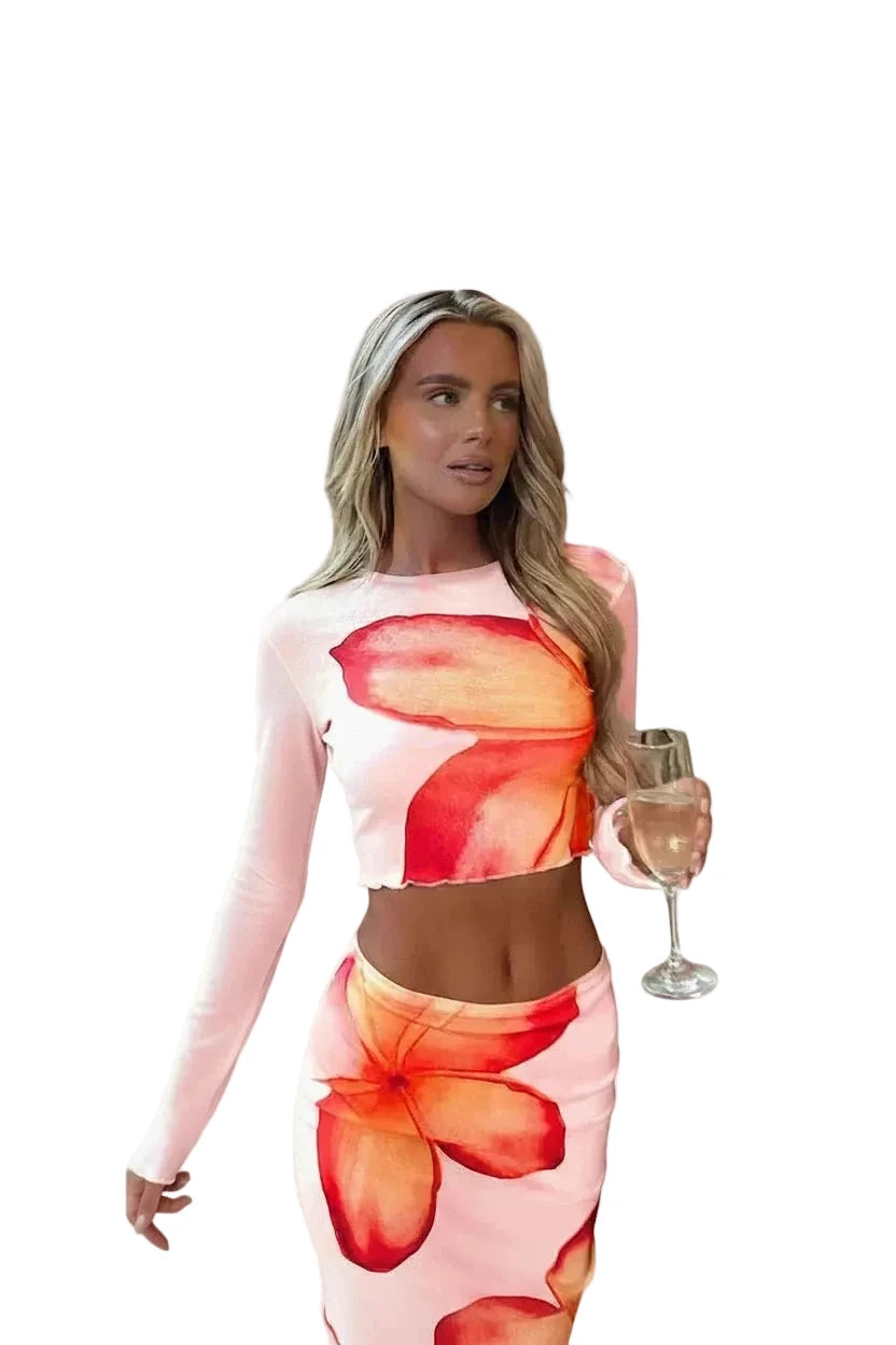 🍒Skirt and t-shirt 2 Piece long sleeve o-neck casual slim fit t-shirt crop top floral print fashion set party wear