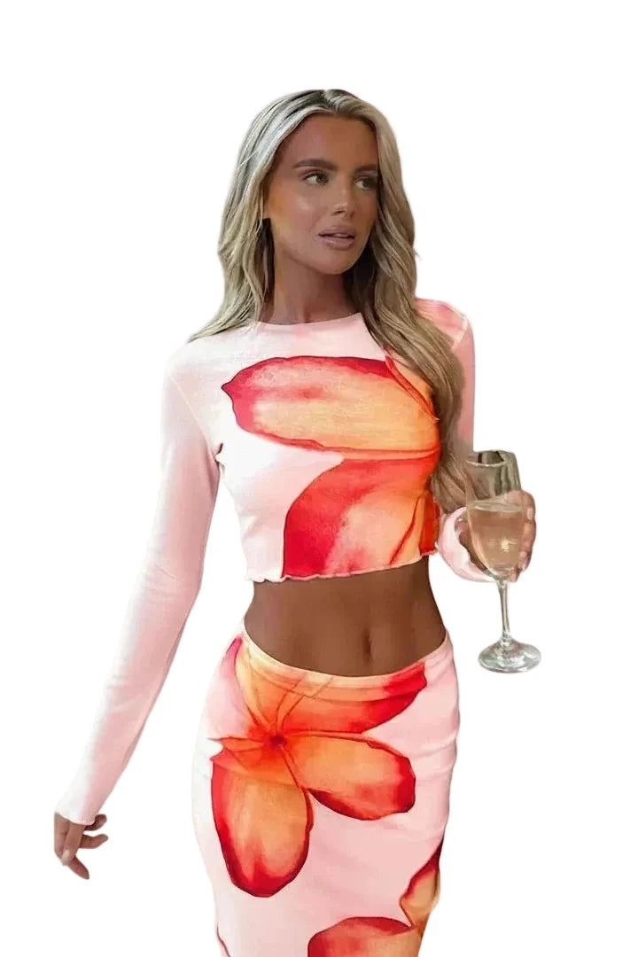 🍒Skirt and t-shirt 2 Piece long sleeve o-neck casual slim fit t-shirt crop top floral print fashion set party wear