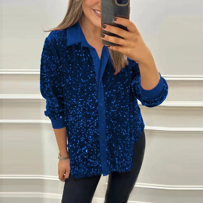🍒Sparkly sequin blouse womens party shirt single breasted lapel long sleeve occasion wear top Glissy Gold