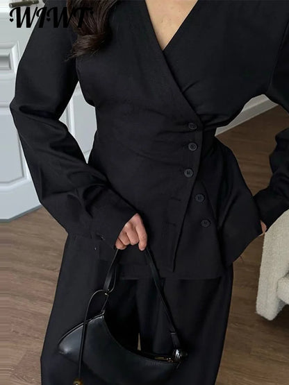🍒Smart casual side button shirt for women shirt jacket flannel and wide leg pants matching set single-breasted outfit slim waist v-neck full sleeve top and trouser co ord No Flannel Fashion Flannel