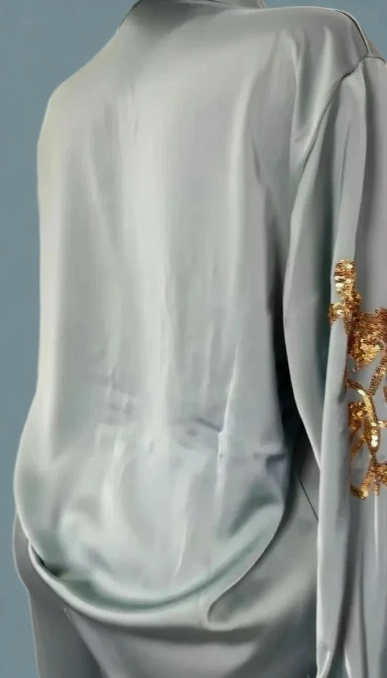 🍒Sequin two piece set long sleeve shirt top with elasticated waist party trousers smart casual clothing occasion outfit for women holiday vacation clothes for beach party Suitable Satin