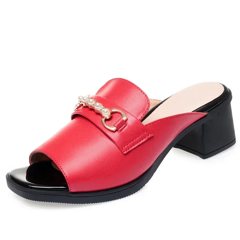 🍒Women sandals genuine leather summer square toe buckle block heels slides with chunky heels size 41 42 large footwear fashion