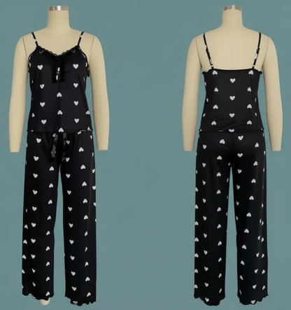 🍒Heart print pyjamas homewear sets women sleeveless crop top amd pants two piece coord with chemise lounge wear clothing                                       Love To Wear Clothes