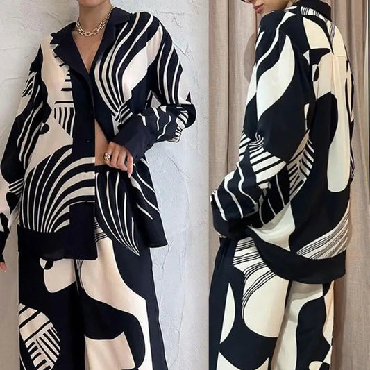 🍒Print shirt womens 2 piece sets loose long sleeve shirt and wide leg pants female suit Summer smart casual outfits ladiy Fashion occasion party wear occasion evening wear