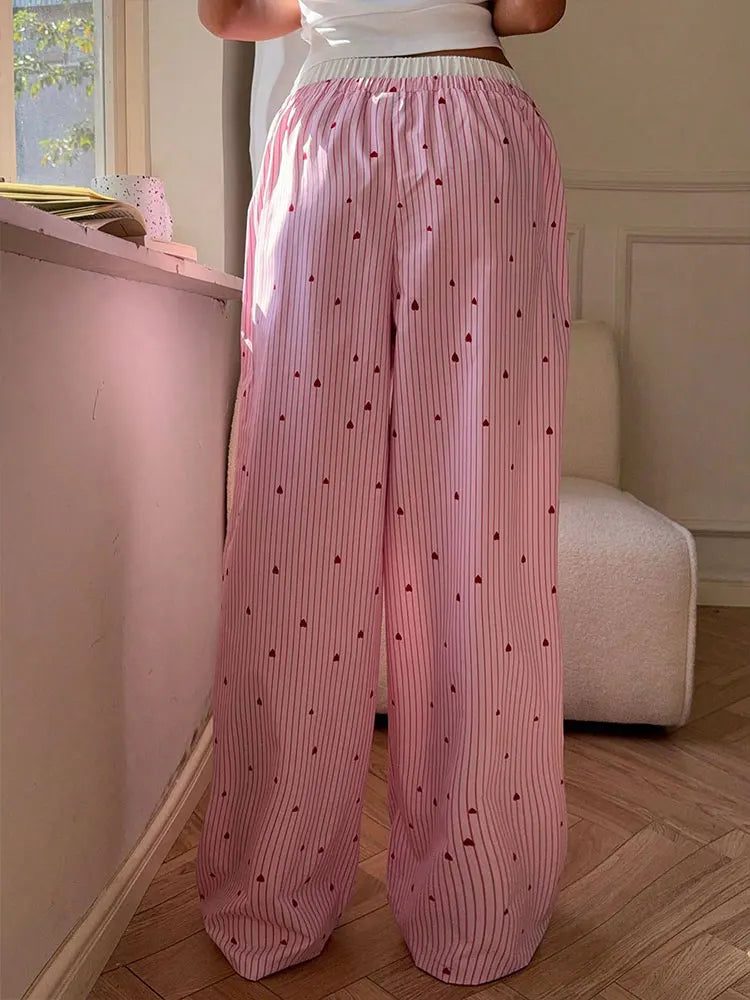 🍒Women's striped summer trousers streetwear fashion love heart print ladies pants tie waist casual trousers pink sweet Female fashion clothing Cool Out In Cotton candy