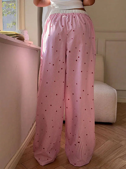 🍒Women's striped summer trousers streetwear fashion love heart print ladies pants tie waist casual trousers pink sweet Female fashion clothing Cool Out In Cotton candy