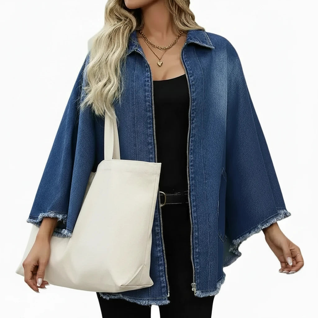 🍒Denim jacket women y2k pocket coat zipper poncho with turn down collar batwing sleeves  outerwear loose casual BAT For The DENIM team And WINg