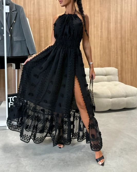 🍒3d floral backless dress split or slit decoration dress summer women party occasion wear solid colour outfit high waist sleeveless evening wear Pink Champagne Or Rum With Black