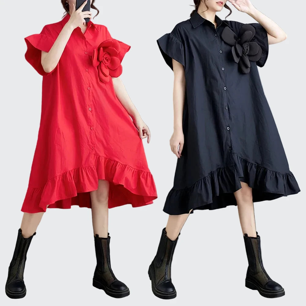 🍒Summer loose dress artistic high low ruffle trim outfit with 3D flower cotton blend office smart casual women mid-length a-Line Don’t Get Ruffled Pick A Flower And Ease lnto Summer