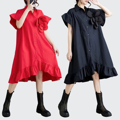 🍒Summer loose dress artistic high low ruffle trim outfit with 3D flower cotton blend office smart casual women mid-length a-Line Don’t Get Ruffled Pick A Flower And Ease lnto Summer