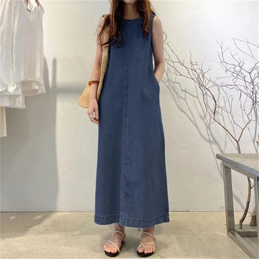 🍒Sleeveless denim long dress for women fashion round neck denim maxi dress outfit a-line with pockets casual wear loose summer clothing
