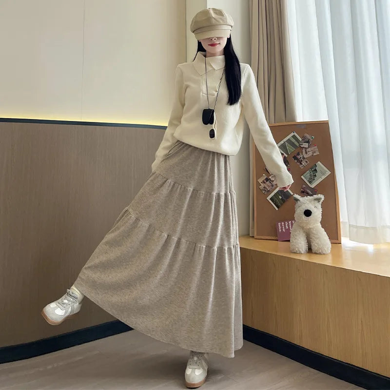 🍒Women's knitted skirts high waisted long loose soft a-line fashion tiered midi skirt outfit casual preppy style clothing  Ease Into Jersey