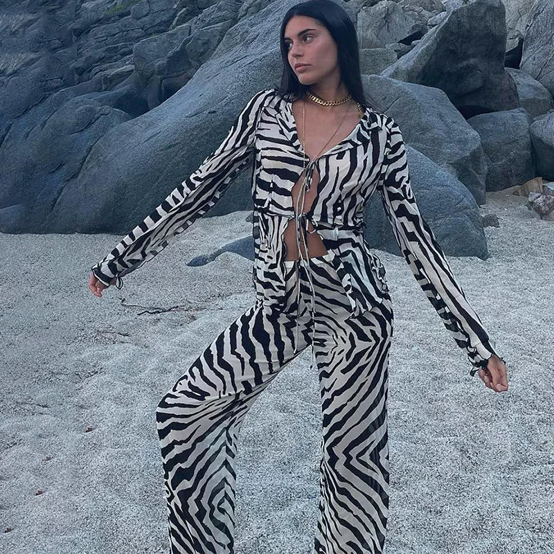 🍒Zebra  print mesh top sheer stripeed shirt outfit for women set tie front detail top and matching pants fashion two piece sets holiday beachwear Do Hot Girl Hot Jungle in Cool Clothes