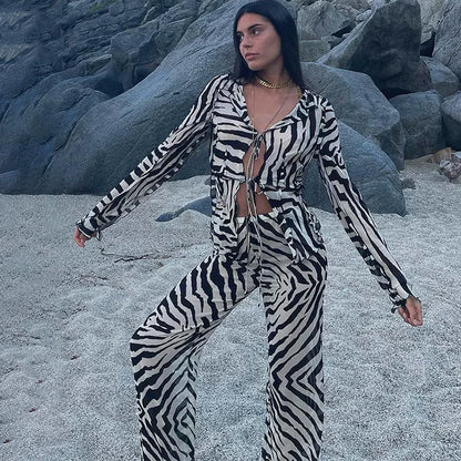 🍒Zebra  print mesh top sheer stripeed shirt outfit for women set tie front detail top and matching pants fashion two piece sets holiday beachwear Do Hot Girl Hot Jungle in Cool Clothes