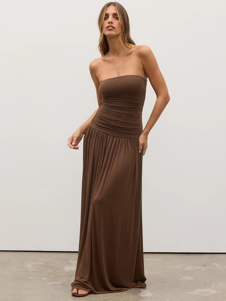 🍒Backless bandeau dress pleated maxi dress women fashion backless sleeveless high waist ruched long dress elegant Wine And Dine In Wine