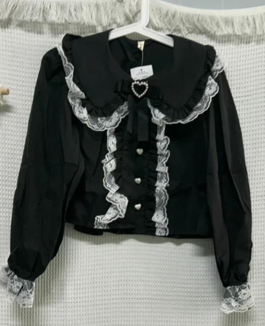 🍒Lace design crop top women's short blouses Y2k fashion bow ruffle shirt feminine fashion smart casual clothing Perfect Partying Peter Pans