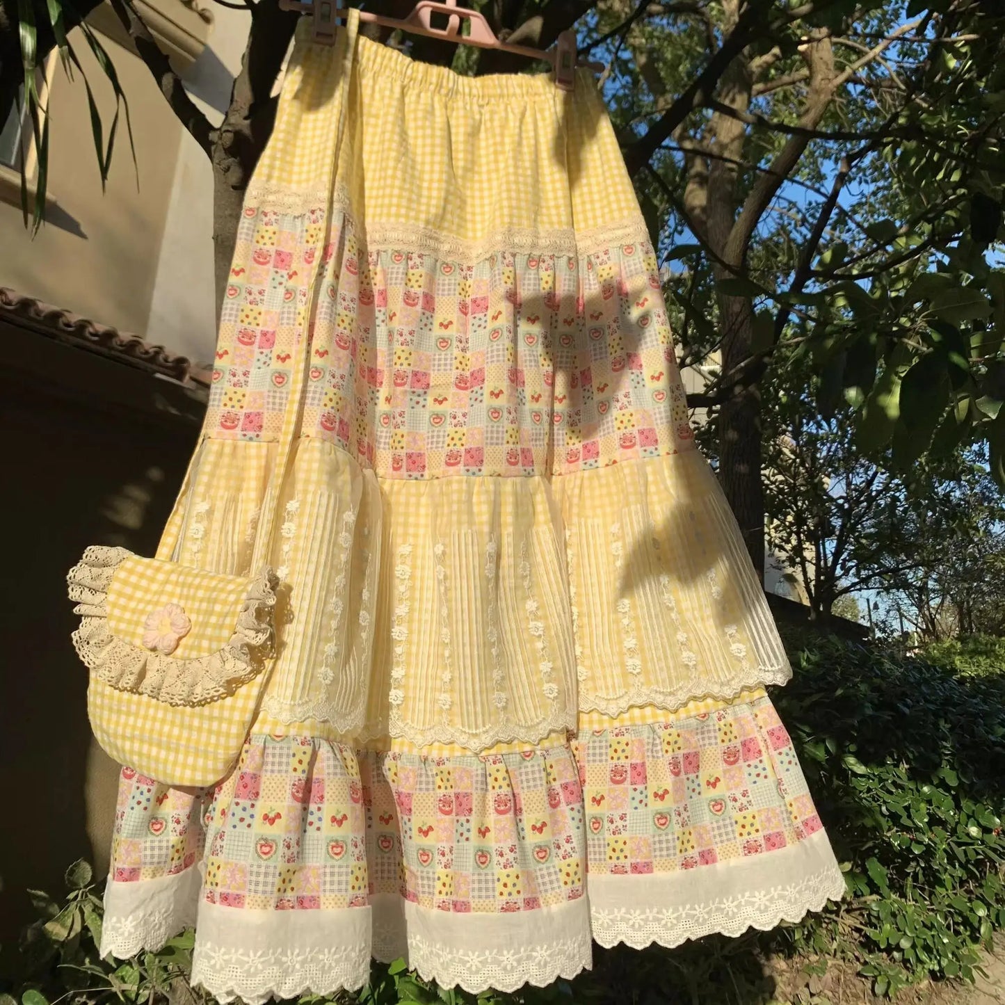 🍒Patch work gypsy skirt sweet girl fashion floral print tiered skirt lace outfit womens elastic waist skirts a-line fashion feminine summer clothes holiday wear Sun In Your Sunny