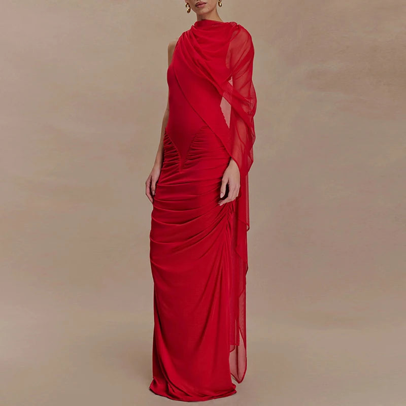 🍒Mesh draped dress solid color outfits o/neck high waist chiffon evening gowns occasion wear maxi shawl dress  Rome-mantic