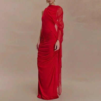 🍒Mesh draped dress solid color outfits o/neck high waist chiffon evening gowns occasion wear maxi shawl dress  Rome-mantic