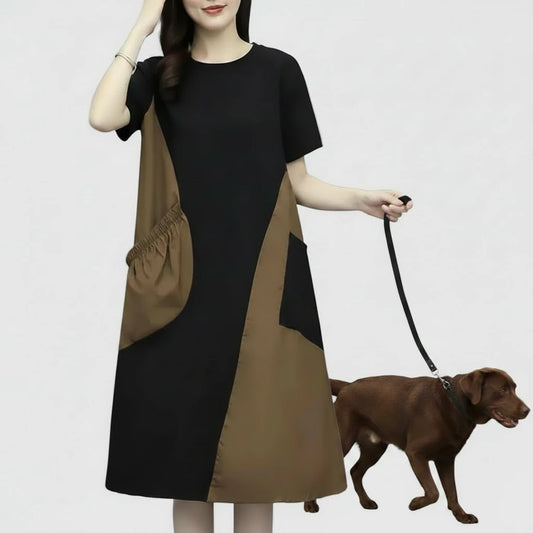 🍒Street style fashion dress t-shirt style short sleeve round neck outfit smart casual women's patchwork and pocket summer wear Patch Up Your Fashion And pocket the Change