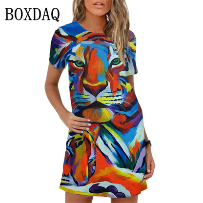🍒Fashion mini dress tiger print short sleeve summer outfits casual oversized a-line mini outfit casual womens animal clothing Tick A Tigger