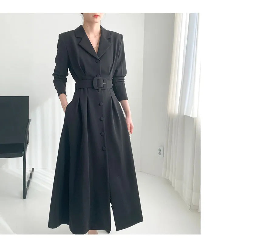 🍒Style blazer dress long sleeve single breasted clothes women light wind coat temperament slim waist long belt outfit Lovely Lapel Look