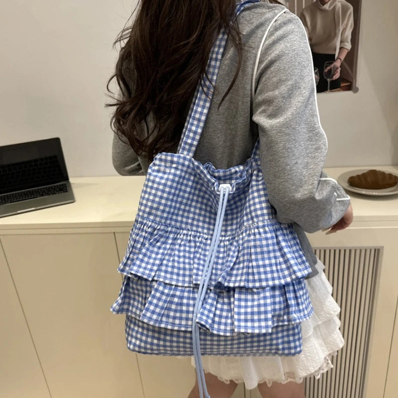 🍒Fashion ruffles check womens drawstring shoulder bag girls commuter womens simple shoulder bag tote bag large capacity handbags
