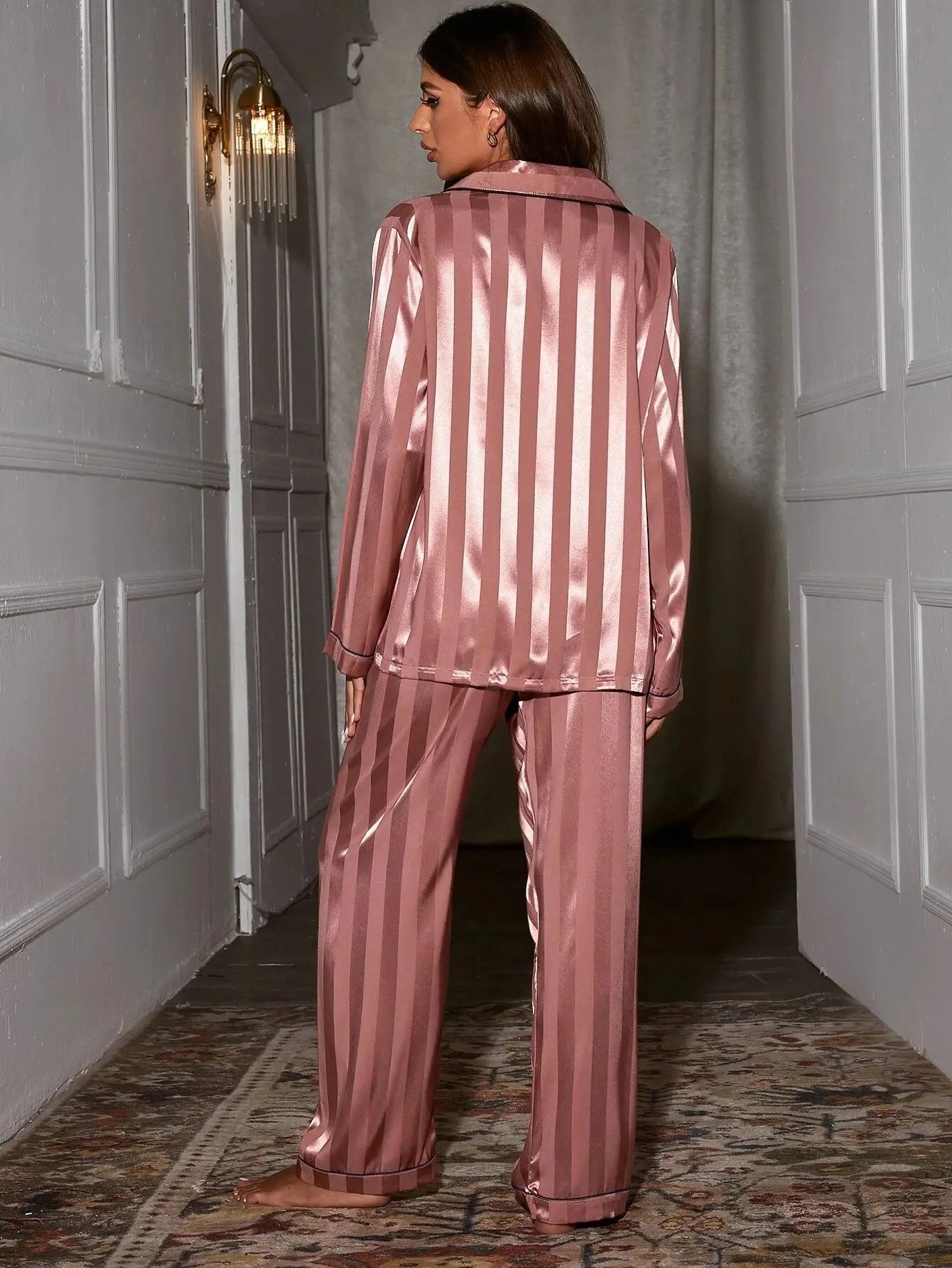 🍒Womens pyjama sets home wear pjs set two piece ice silk set long sleeved nightwear shirt and nightwear pants silky sleepwear Slip Into Slinky Silky Sleepers