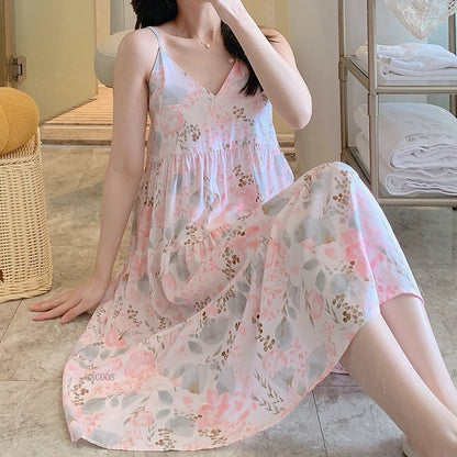 🍒Sleeveless night dress for Women breathable viscose cotton camisole nightie floral  night dress loungewear summer wear holidaywear nightwear Fresh Florals