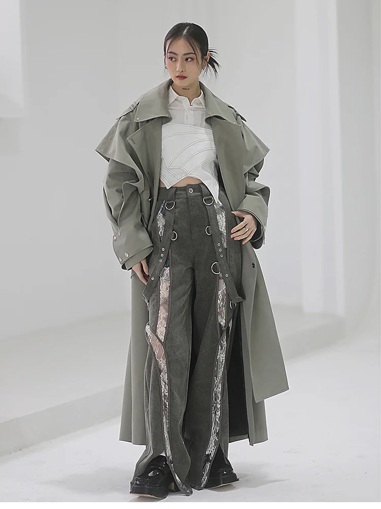 🍒Long oversized trench coat elegant ruffled outerwear for women double breasted luxury designer overcoat runway fashion  Trendy Travel Trench Classic Comfort