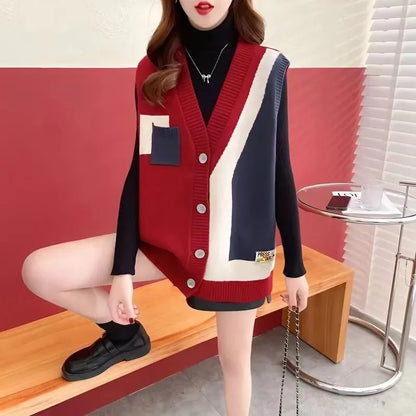 🍒Knitted v-neck vest colour  block waistcoat women sweater sleeveless cardigan pullover for women Flag Your Style