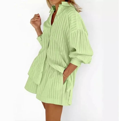 🍒Women's fashion two piece Set outfit striped puff sleeve shirt and shorts matching set casual clothes Feel Cool In This Airy Pair