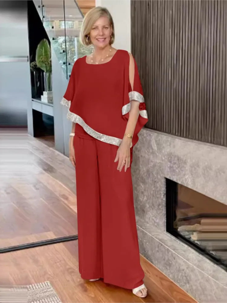 🍒Two-piece suit o-neck top and pants set for women summer fashion sequin bat wing top wide leg trousers occasion party wear Get Hold Of A Cold Shoulder And Warm Your Heart