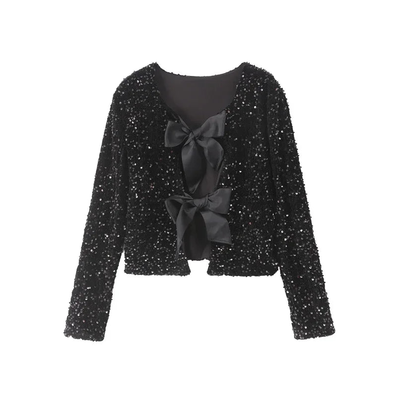 🍒Bow tie sequin dress for women long sleeve shiny mini dress female chic backless evening party dress with back bow crop sequin jacket long sleeve with satin bow front  occasion party wear