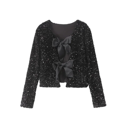 🍒Bow tie sequin dress for women long sleeve shiny mini dress female chic backless evening party dress with back bow crop sequin jacket long sleeve with satin bow front  occasion party wear