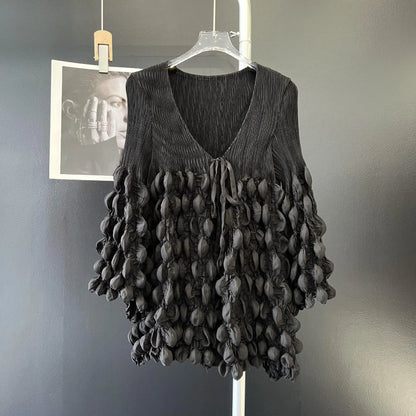 🍒Bubble sleeve pleated top with wrinkle tie strings top v neck design solid colour loose t-shirt smart casual clothes Bump Up Your Fashion