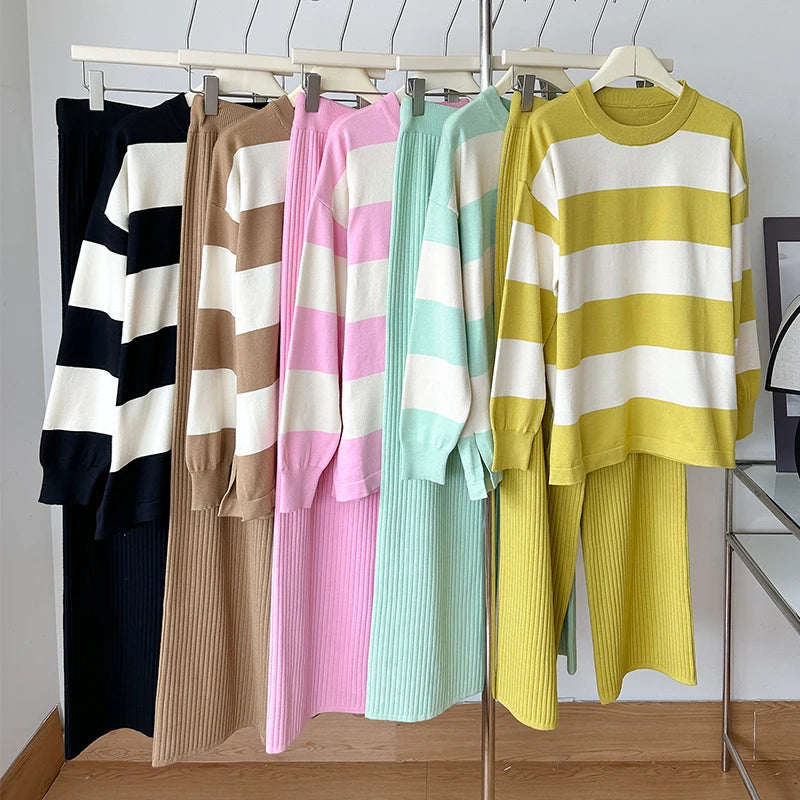 🍒Summer two-piece sets women’s contrast Colour striped top o-neck long sleeve plus casual high waist wide leg pants Suit Yourself With Stripes