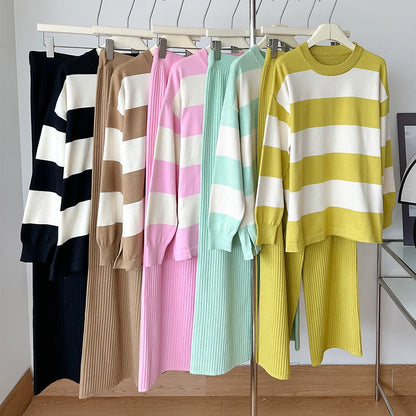 🍒Summer two-piece sets women’s contrast Colour striped top o-neck long sleeve plus casual high waist wide leg pants Suit Yourself With Stripes