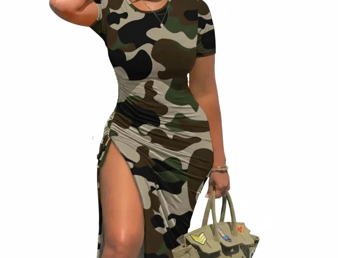 🍒Women's camouflage fashion leopard print drawstring dress with high slit summer/holiday clothing casual round neck outfit fitted knee length  Accommodate A Cool Camo