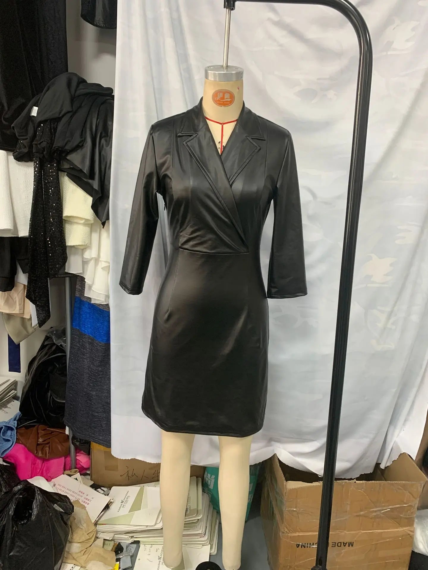🍒Black faux leather dress womens lapel outfit chic occasion wear female fashion clothing smartwear v-neck bodycon autumn and winter wear Lavish Liquorice Leather Look