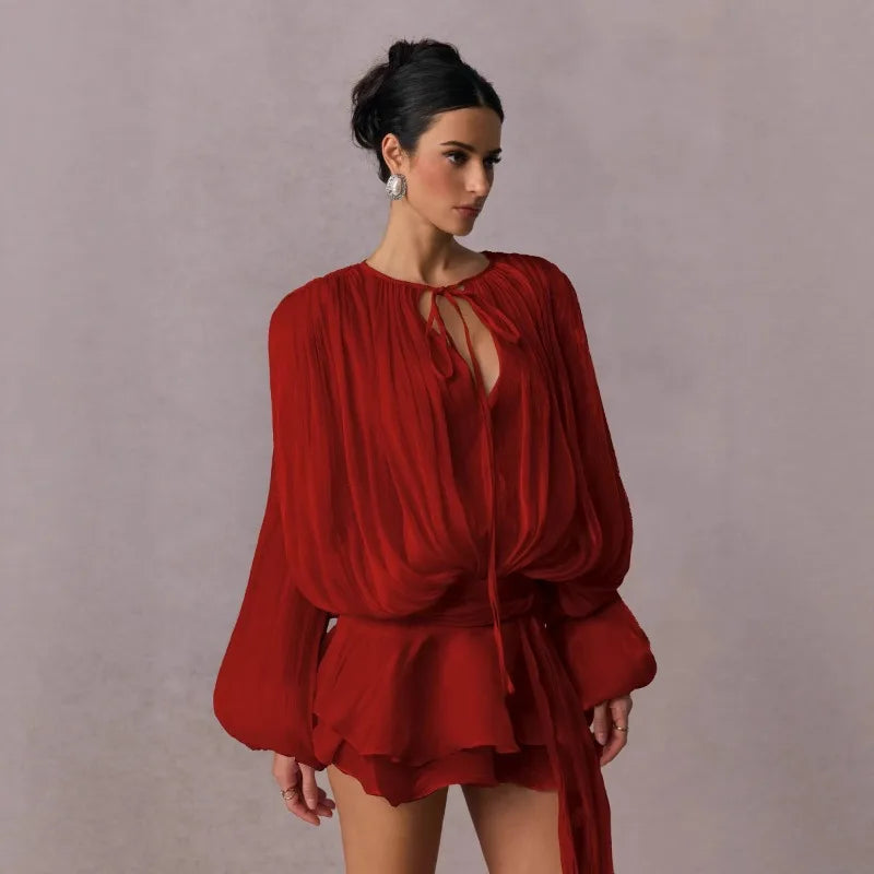 🍒Solid tie neck dress high waist outfit for women long sleeve shiny ruffle mini dress black party club wear occasion clothing Rush To Ruffles